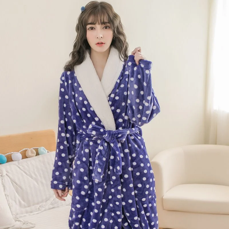 Thickened Polka Dot Robe Coral Fleece Nightgown Men's Bathrobe Pajamas