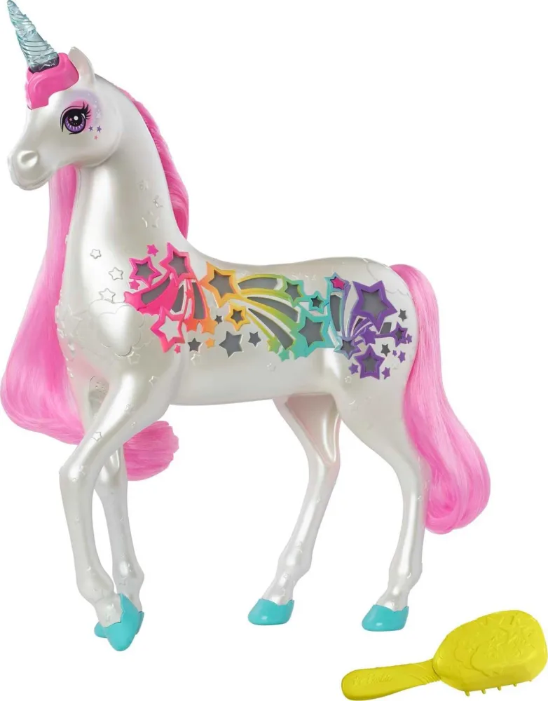 Barbie Dreamtopia Unicorn, Brush 'n Sparkle Interactive Toy with Lights & Sounds, Magical Brush Accessory, White Unicorn with Pink Mane & Light-Up Stars