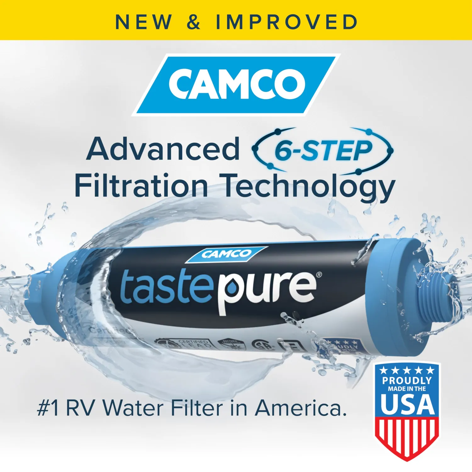 Camco Tastepure RV Water Filter - New & Advanced RV Inline Water Filter with Flexible Hose Protector - GAC & KDF Water Filter - Made in USA - Camping Essentials for Fresh Drinking Water (40043)