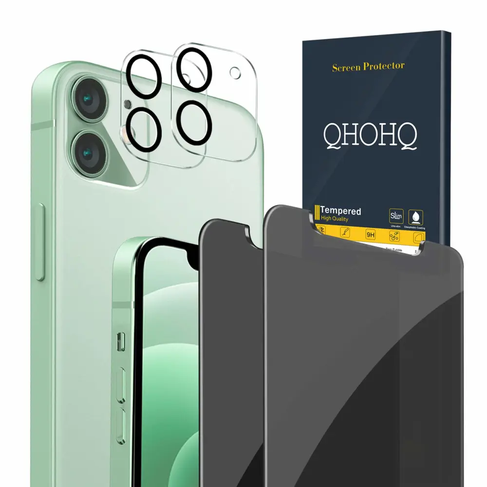 QHOHQ 2 Pack Privacy Screen Protector for iPhone 12 6.1" with 2 Packs Camera Lens Protector,Full Screen Tempered Glass Film,9H Hardness Anti-Shatter, Anti Spy, Touch Sensitive - Case Friendly