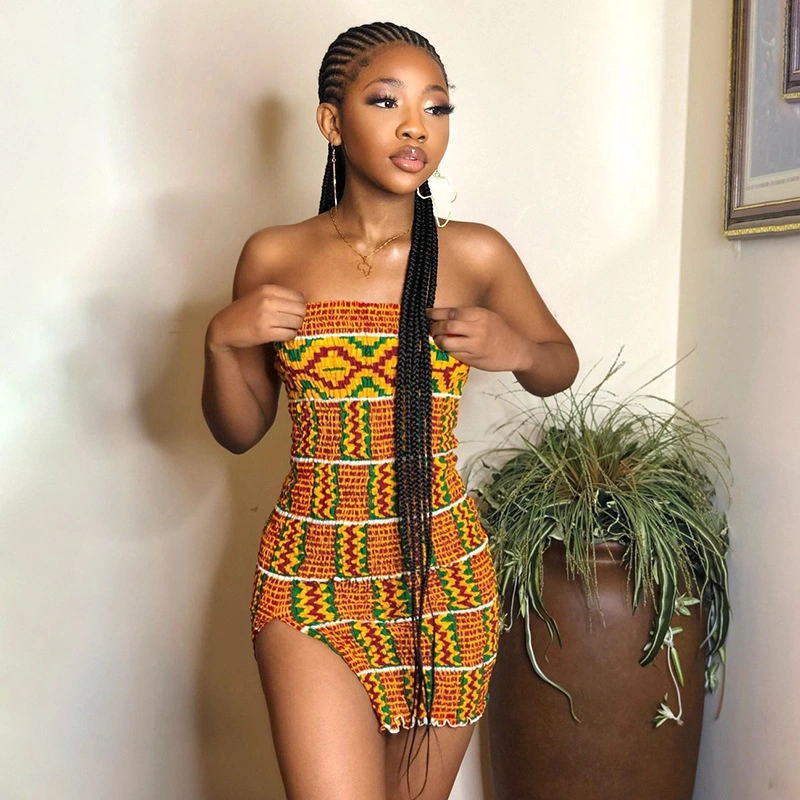 Tube Top One Line Collar Sexy Split Back Printed Dress Women