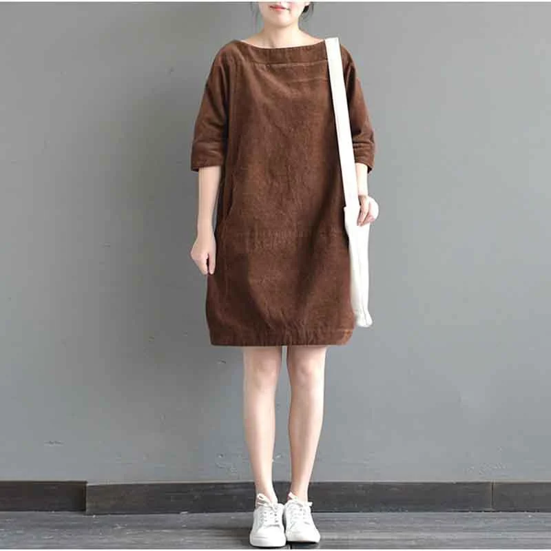 Long Sleeve Cotton And Linen Loose Flax Dress