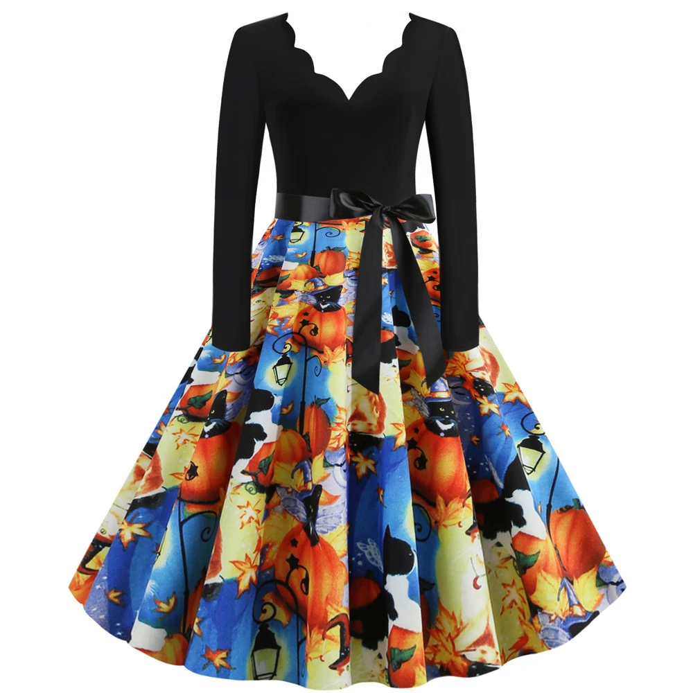 Halloween Burnt Flower V-neck Long-sleeved Sexy Print Big Swing Dress