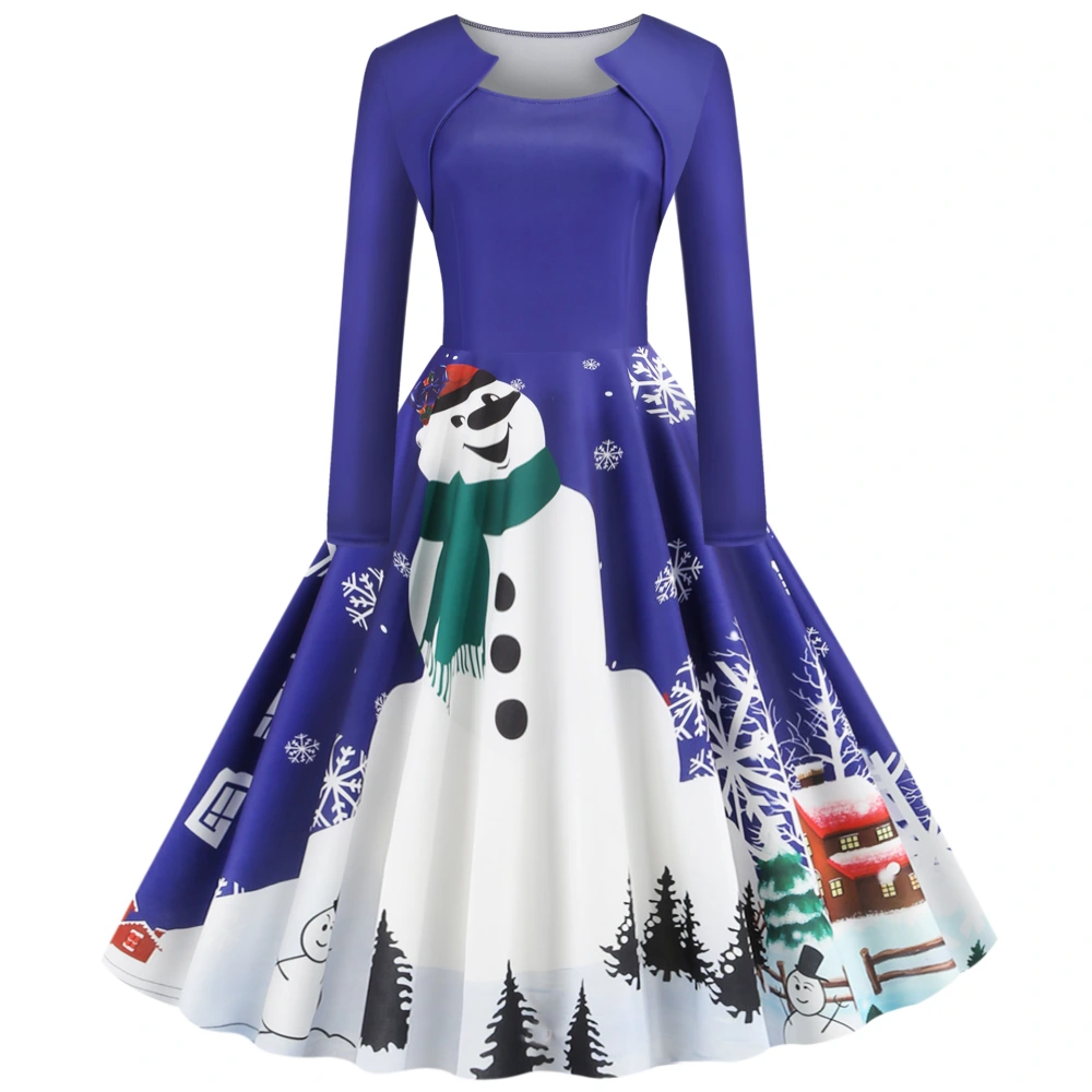 Retro Christmas Print Stitching Long-sleeved Big Swing Dress
