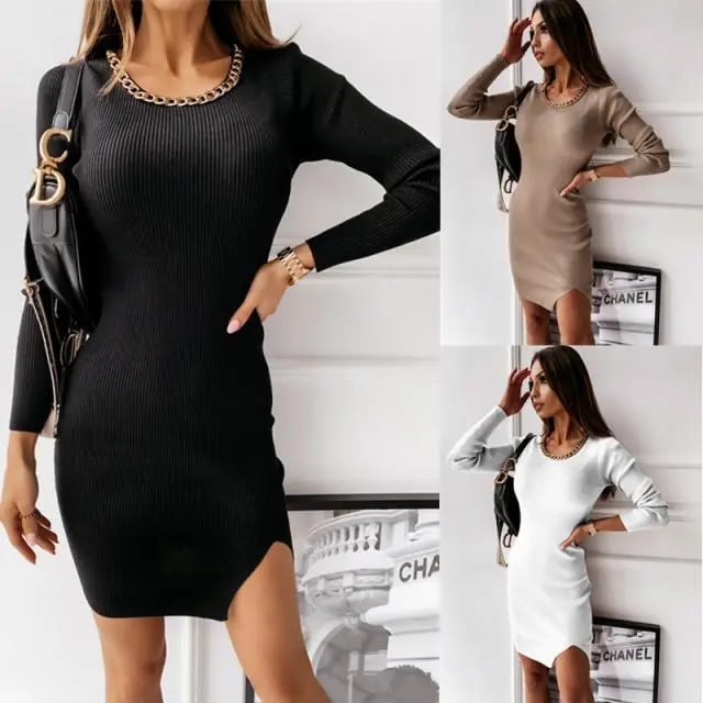 Autumn And Winter Simple Round Neck Chain Decoration Dress Base Skirt