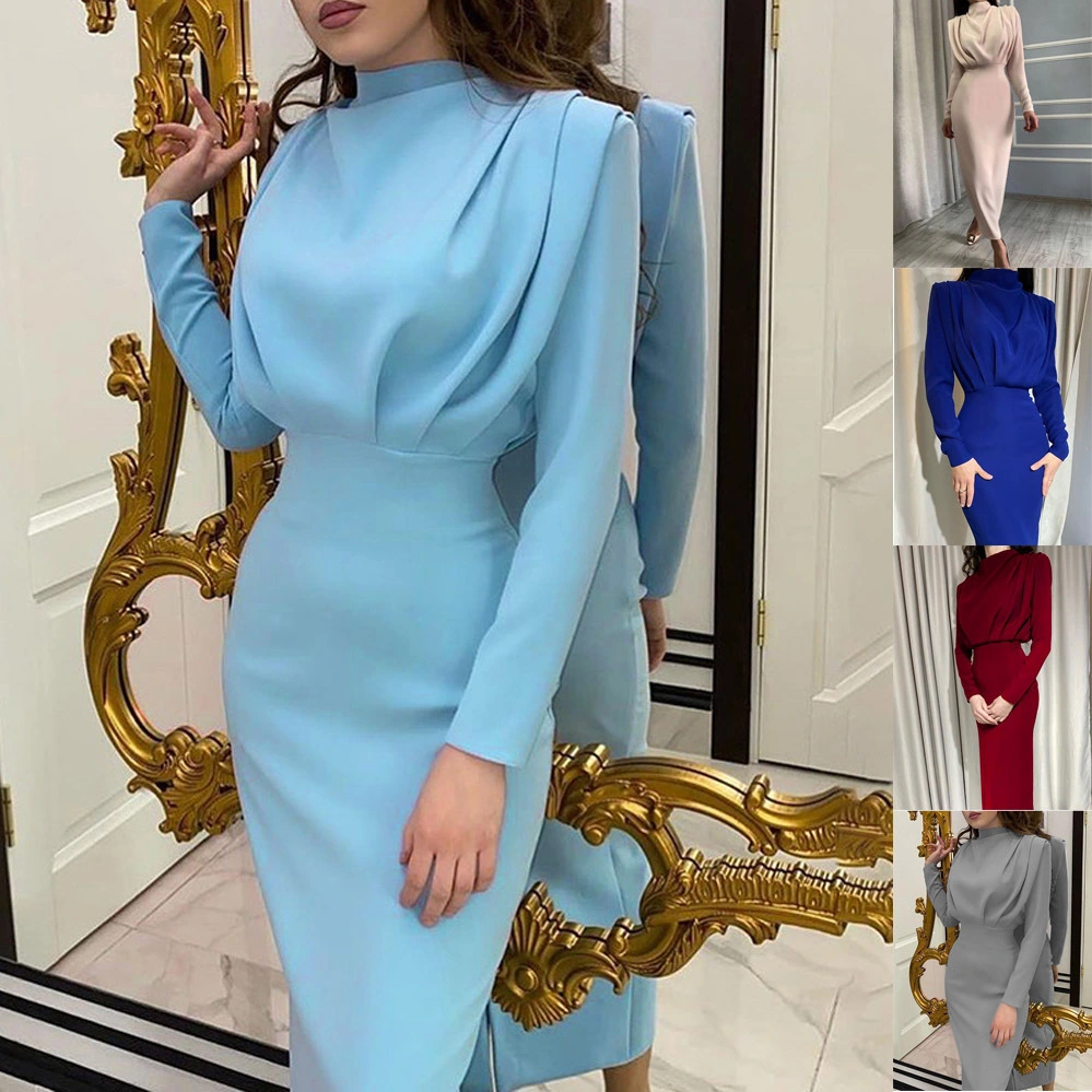 Fashion Temperament Waist Waist Solid Color Long-Sleeved Dress