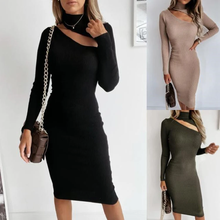 New Sexy Off-Shoulder Long-Sleeved Knitted Solid Color Dress Women