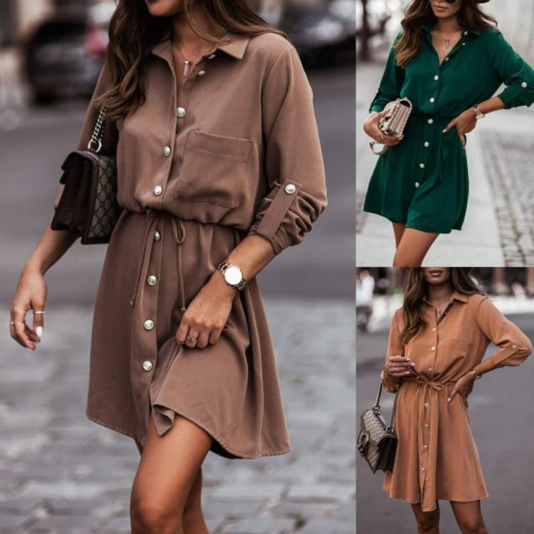 Solid Color Waist Tie Button Button Sleeve Sleeve Dress