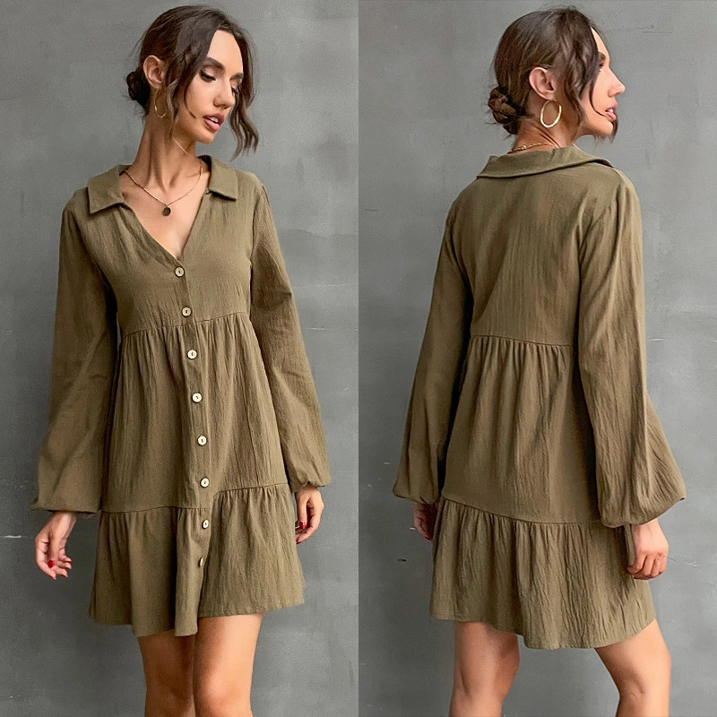 New Solid Color Lapel Pleated Long Sleeve Shirt Dress
