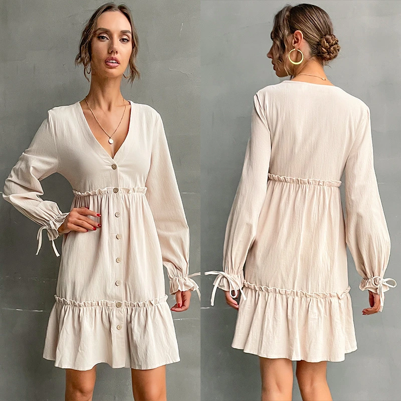 Long-Sleeved Shirt Dress With Solid Color Buttons And Wood Ears