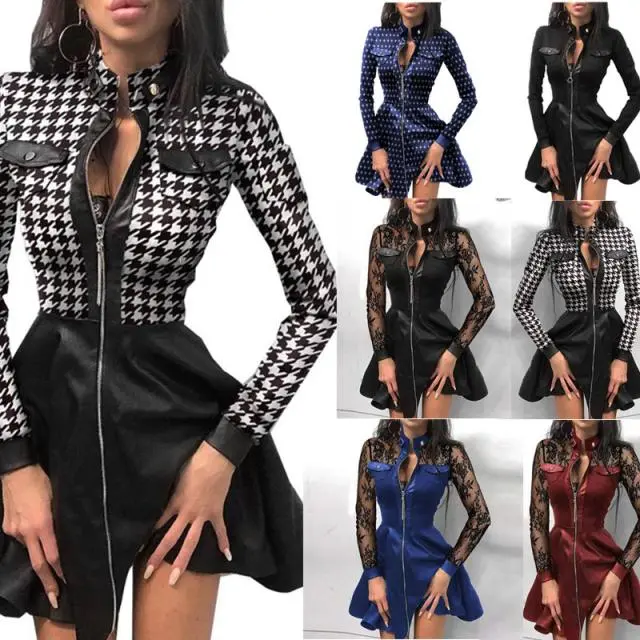 Autumn And Winter New Fashion Pu Leather And Receiving Waist Dress