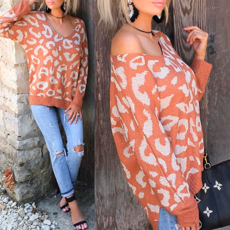 Leopard Print Long Sleeve Round Neck Casual Loose Sweater