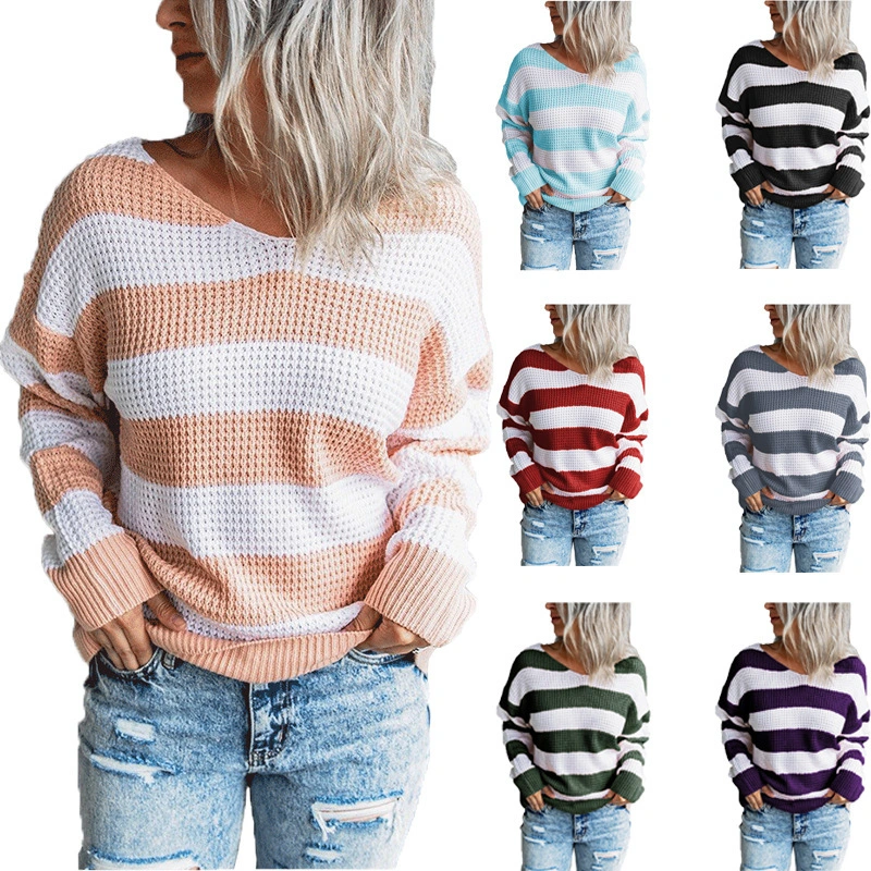 Autumn And Winter V-Neck Striped Stitching Knitted Top