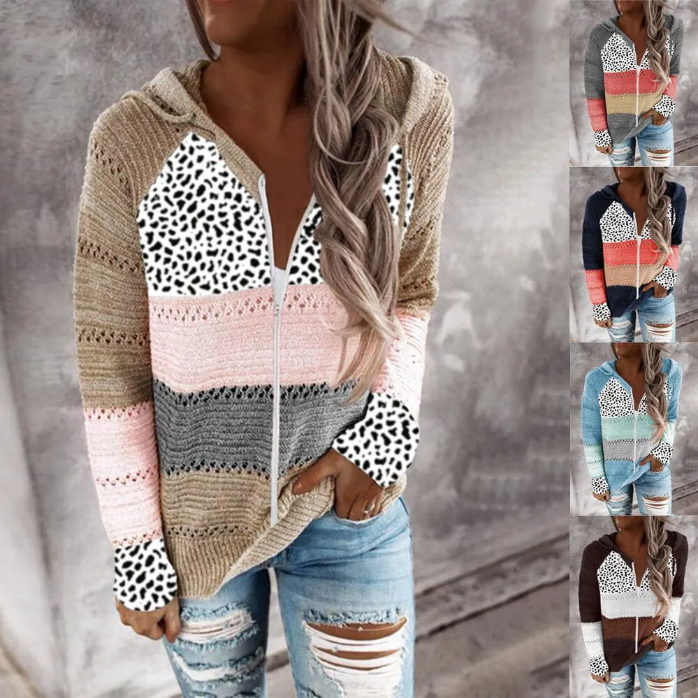 Autumn And Winter New Striped Hooded Sweater Coat Leopard Print