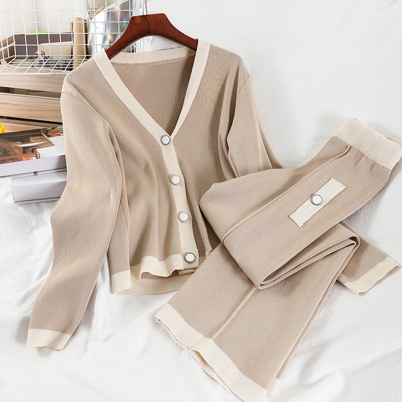 V-neck Color-block Sweater Straight Wide-leg Pants