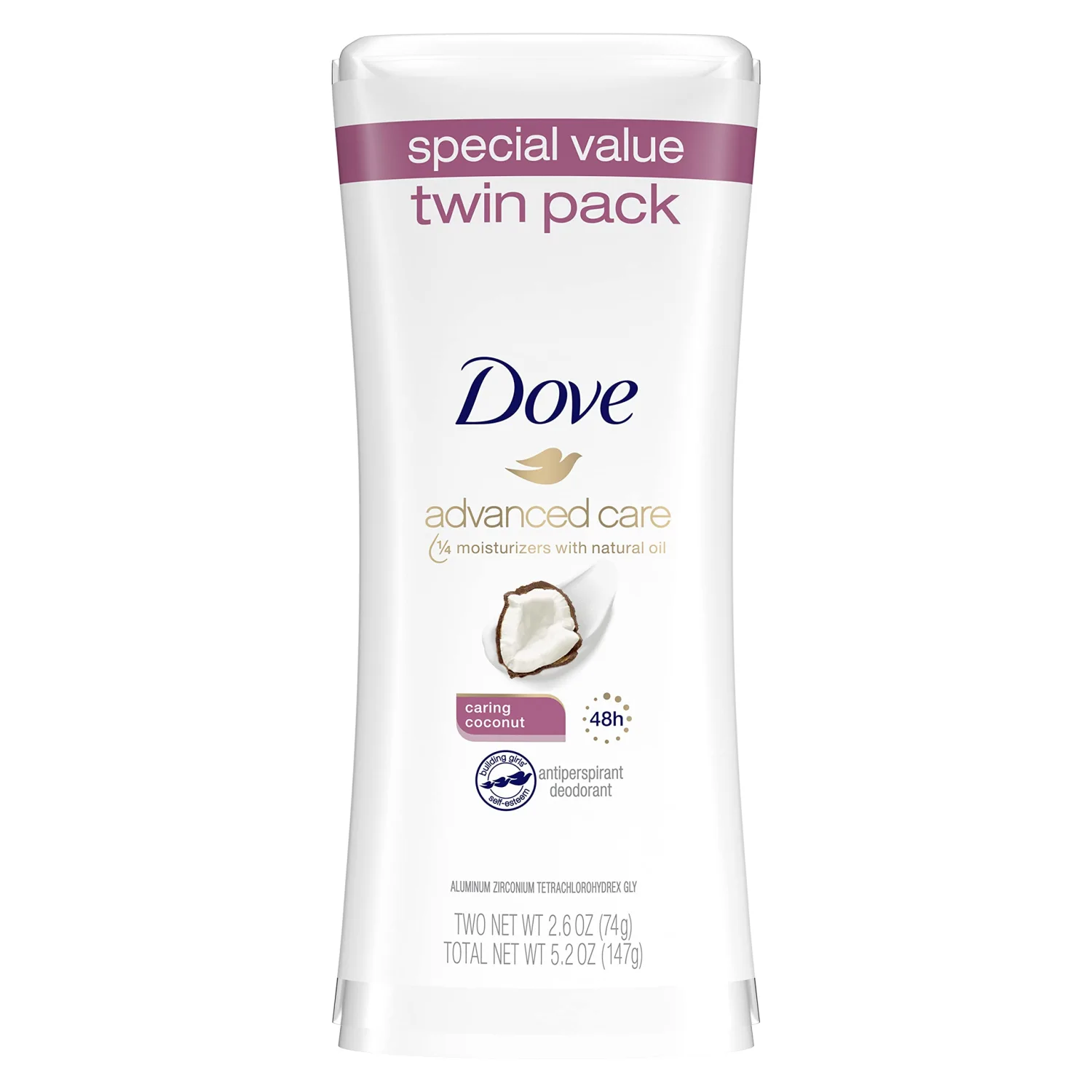 Dove Advanced Care Antiperspirant Deodorant Stick for Women, Caring Coconut, for 48 Hour Protection And Soft And Comfortable Underarms, 2.6 oz, 2 Count