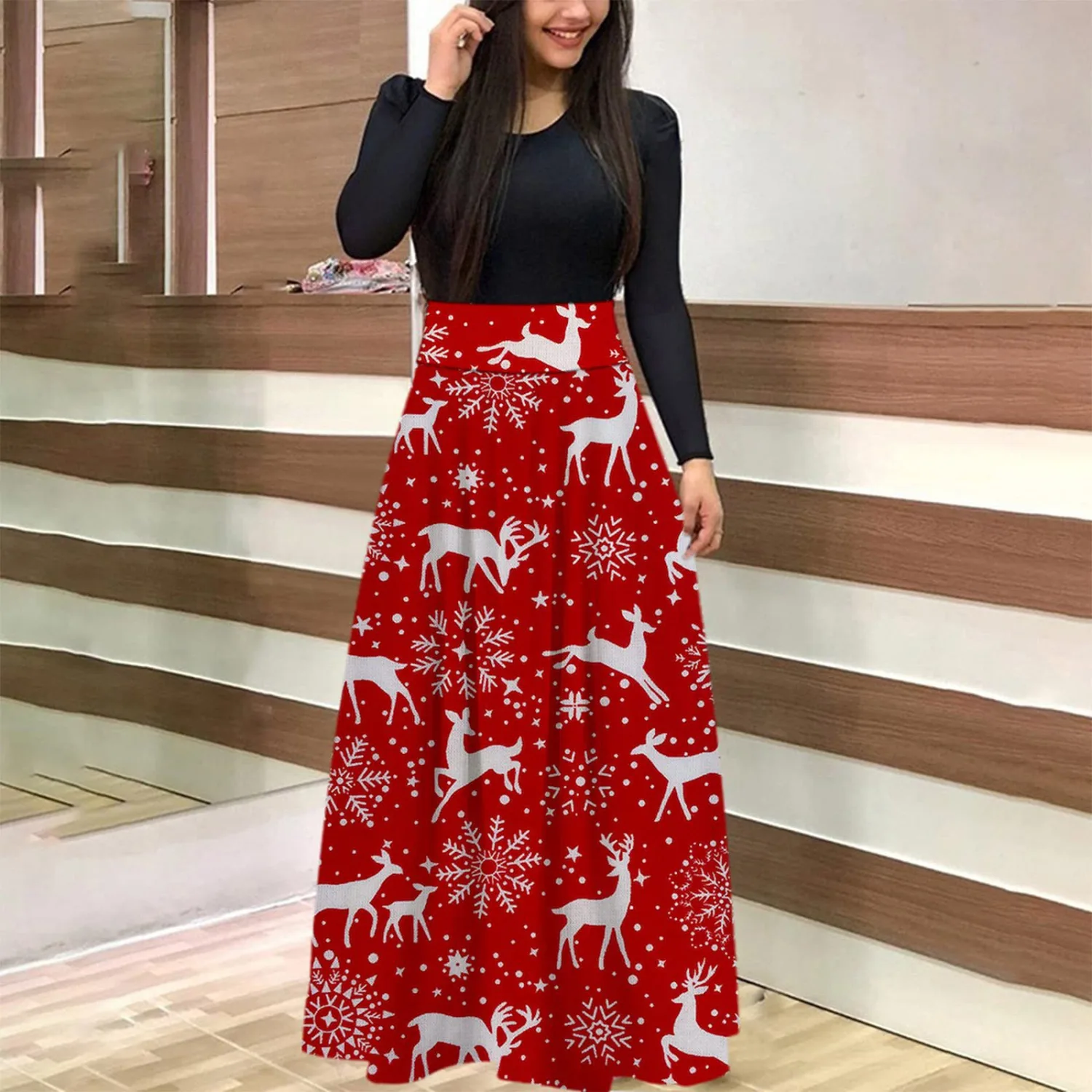 European And American Christmas Print Long Skirt Suit
