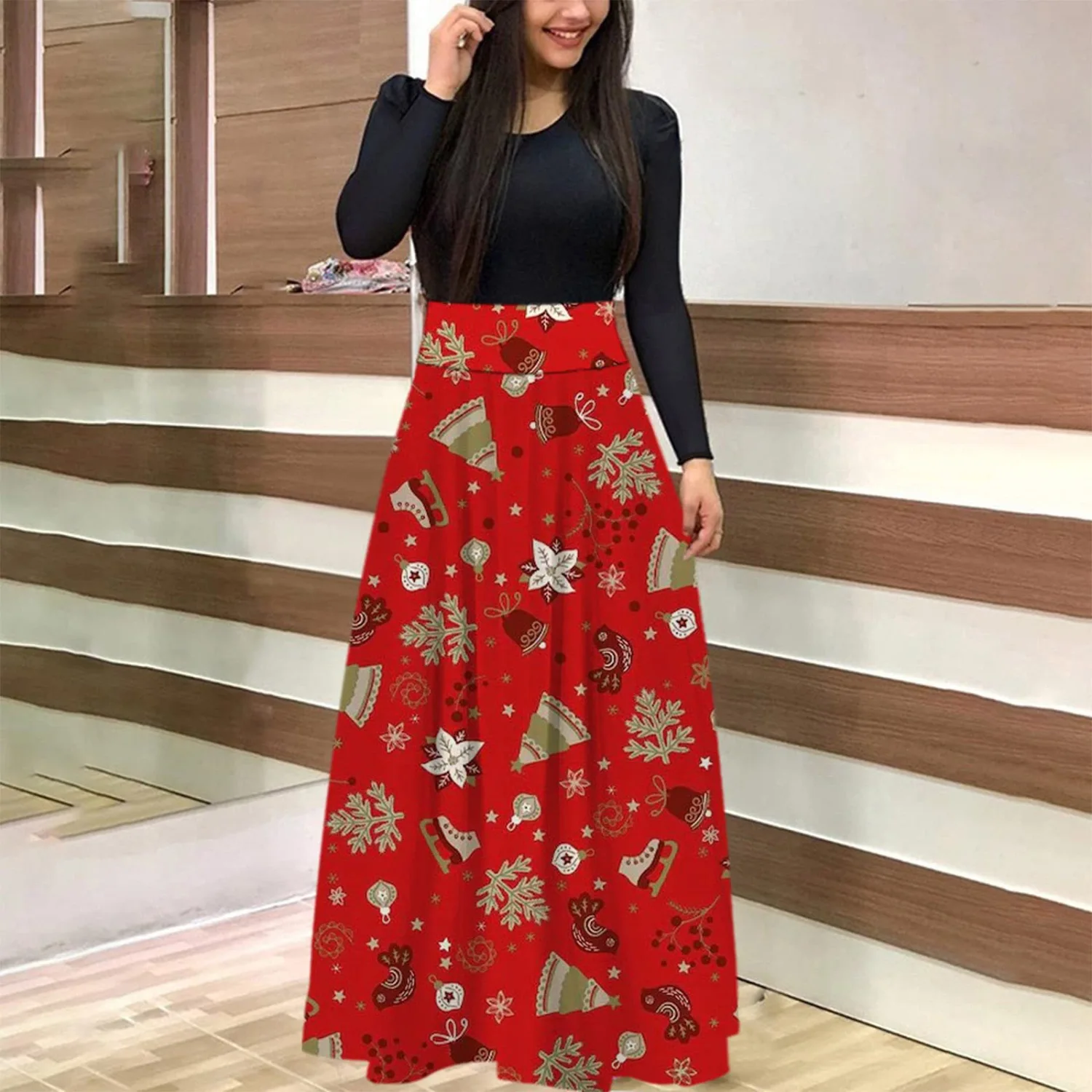 European And American Christmas Print Long Skirt Suit