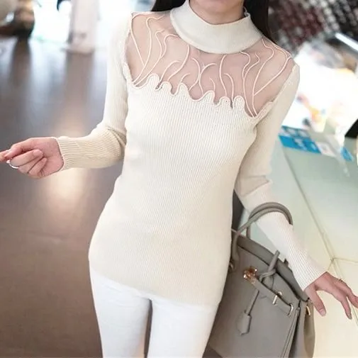 Ladies Sexy Hollow Lace Knit Sweater Korean Fashion