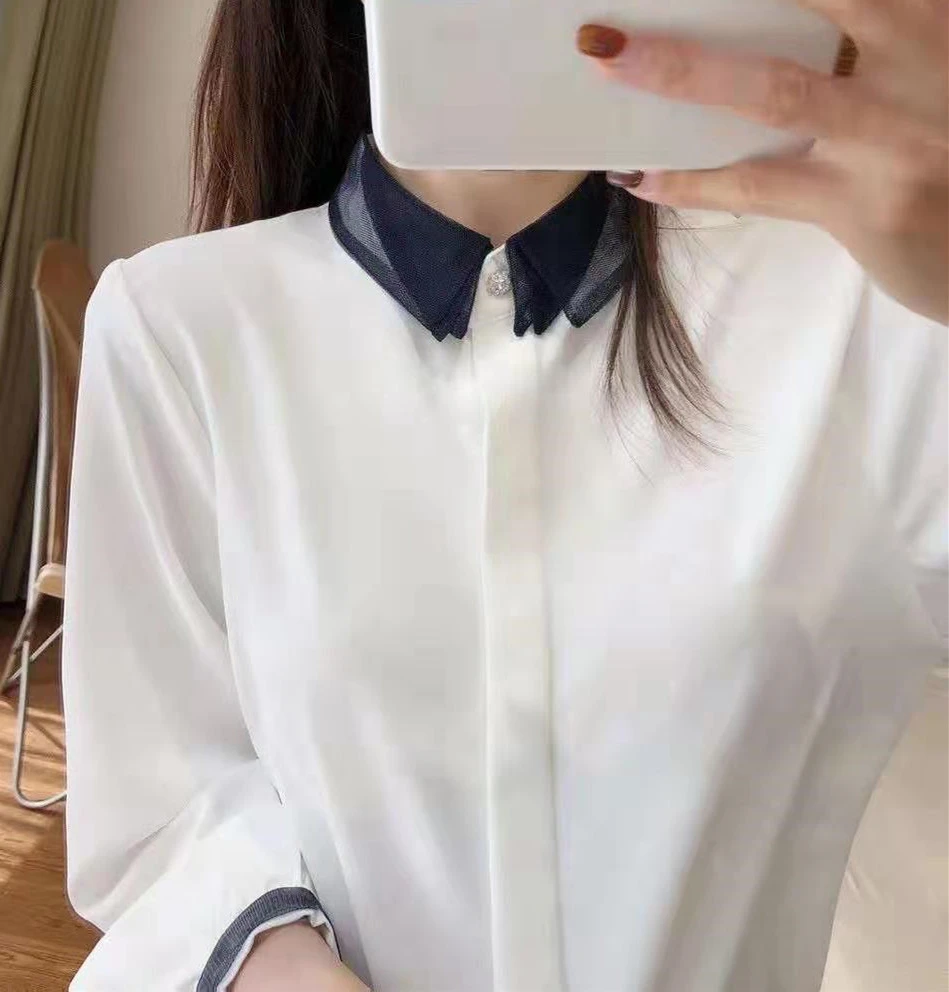 Mesh Lace Contrast Color Elegant Temperament Small Lapel Shirt Women