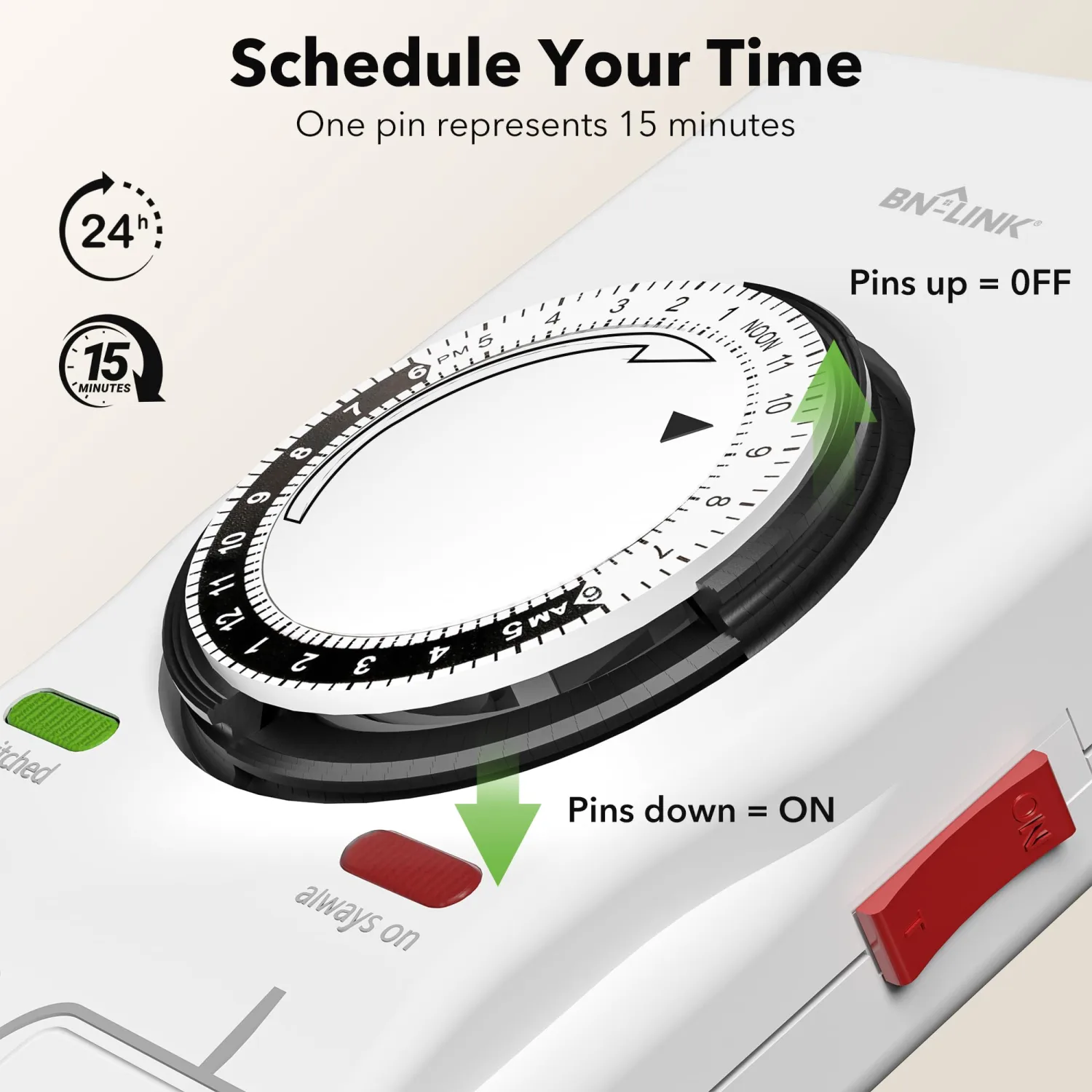 BN-LINK 8 Outlet Surge Protector with Mechanical Timer (4 Outlets Timed, 4 Outlets Always On) - White