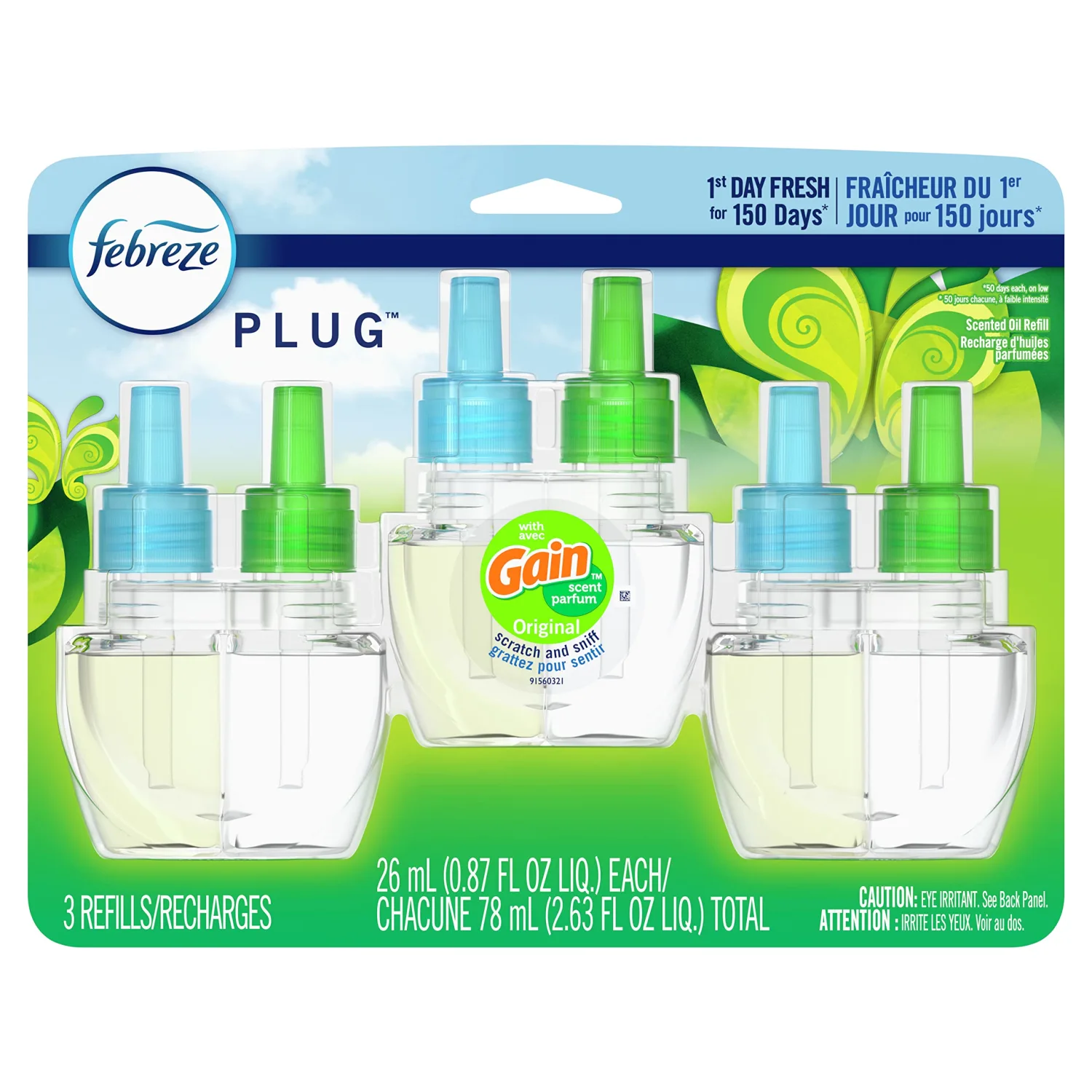 Febreze Odor-Fighting Fade Defy PLUG Air Freshener Refill, Gain Original Scent, Oil Refills, Multicolor, 3 Count (Pack of 1)