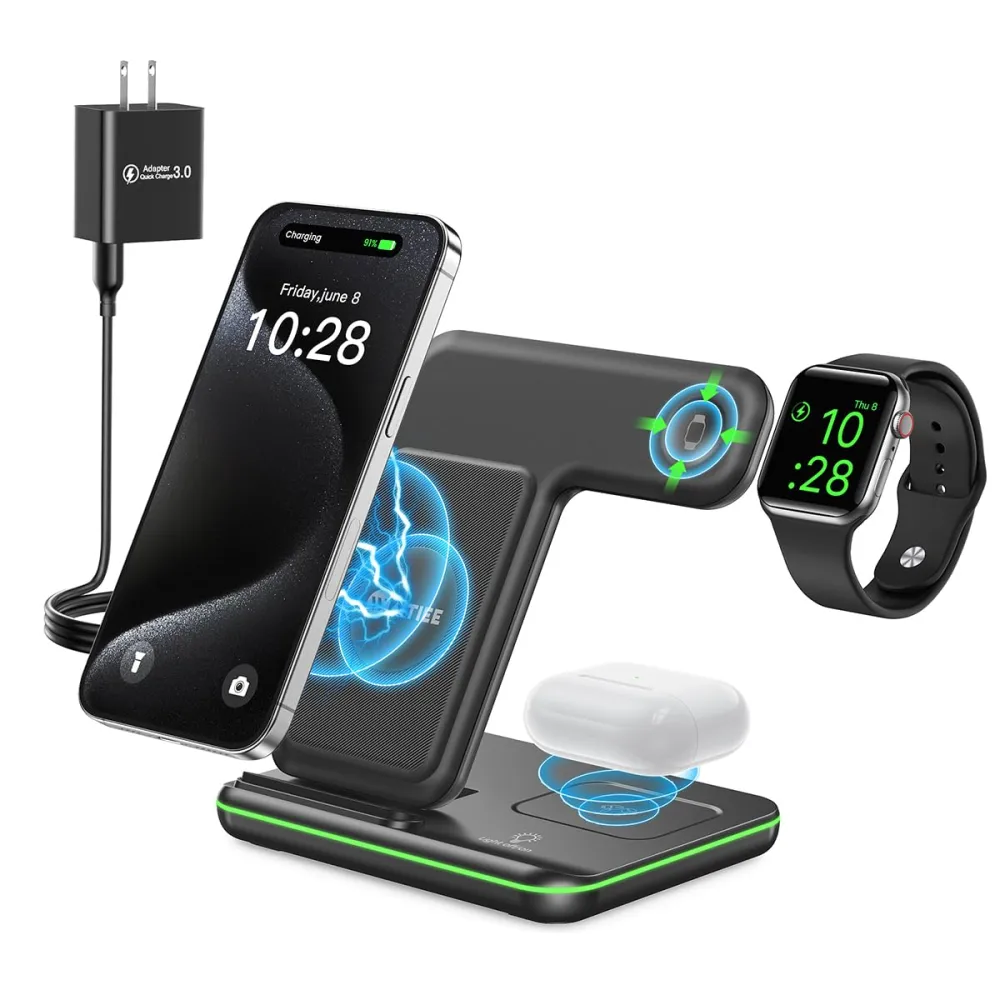 WAITIEE Wireless Charger 3 in 1, 15W Fast Charging Station for Apple Watch 10/9/8/Ultra 2/Ultra/SE/7/6/5/4/3/2, for AirPods 4/3/2/Pro for iPhone 16/15/14/13 /Plus/Pro/Pro Max/12/11(Black)