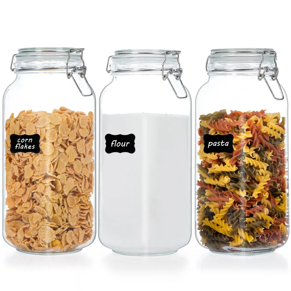 Vtopmart 78oz Glass Food Storage Jars with Airtight Clamp Lids, 3 Pack Large Kitchen Canisters for Flour, Cereal, Coffee, Pasta and Canning, Square Mason Jar with 8 Chalkboard Labels