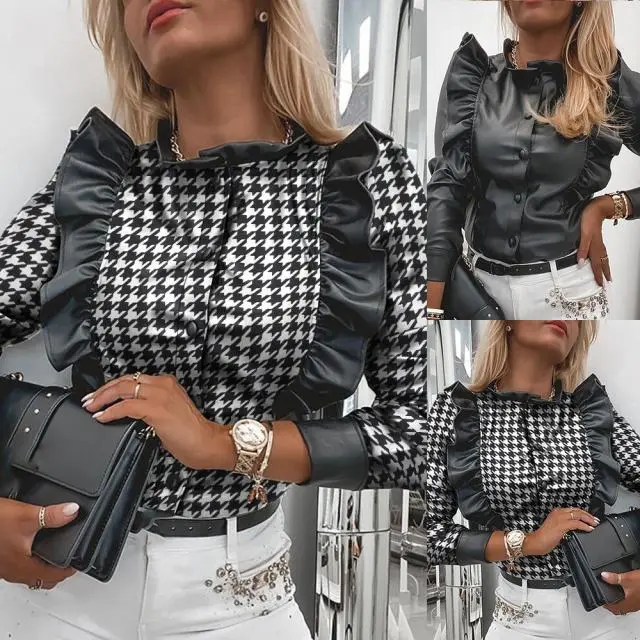 Houndstooth Check Pu Leather Ruffle Stitching Single-Breasted Fashion Shirt