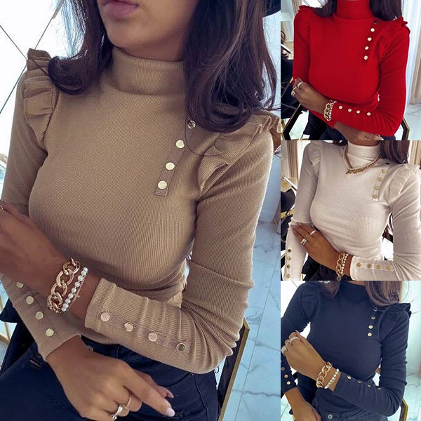 Button-Decorated Solid Color Bottoming Shirt Women Clothing