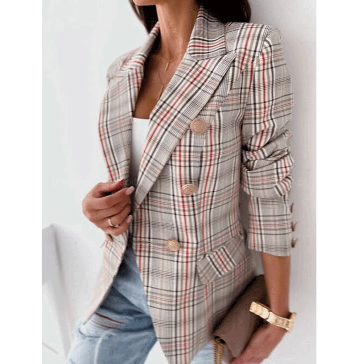 Long-Sleeved Double-Breasted Plaid Solid Color Suit Jacket