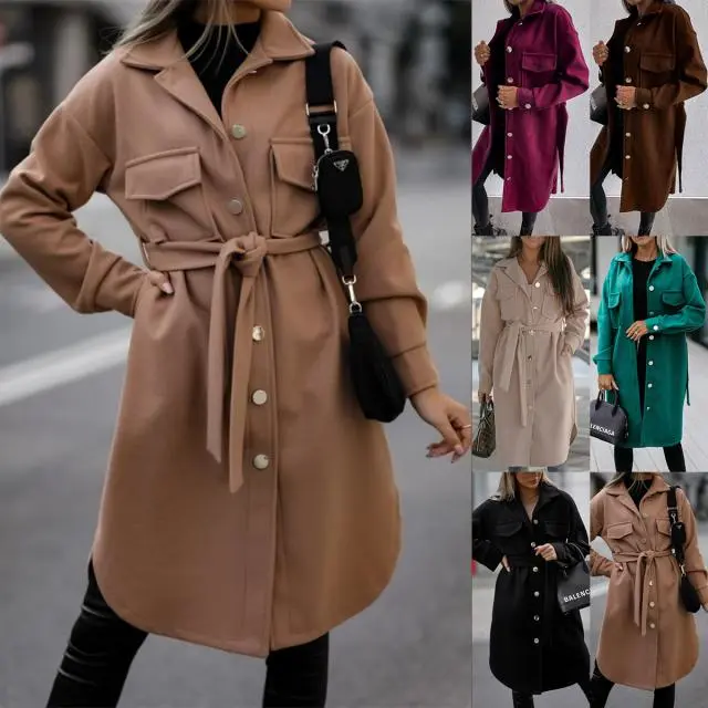 New Solid Color Lace-Up Long-Sleeved Woolen Coat With Belt