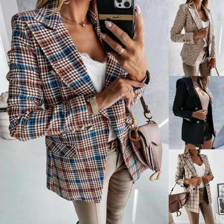 Fashion Slim Long-Sleeved Suit Plaid Jacket Top