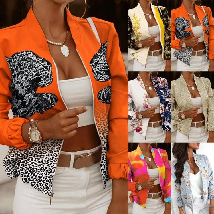 Autumn Long-Sleeved Zipper Embellished Cardigan Printed Jacket