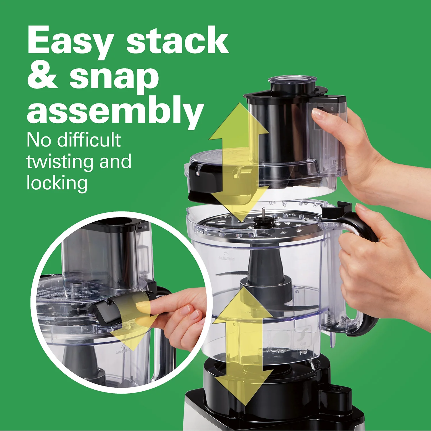 Hamilton Beach Stack & Snap Food Processor and Vegetable Chopper, BPA Free, Stainless Steel Blades, 12 Cup Bowl, 2-Speed 450 Watt Motor, Black (70725A)