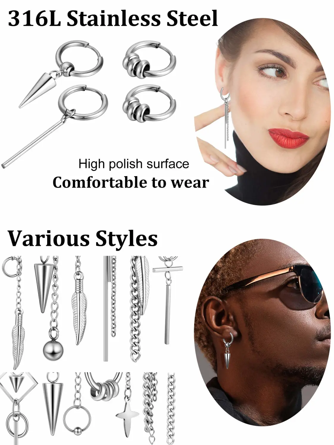 20 Pieces Men Dangle Earrings Stainless Steel Huggie Hinged Hoop for Women