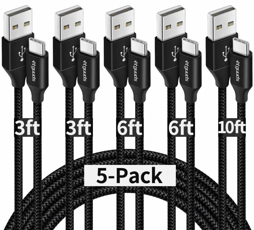 etguuds USB C Cable, 5-Pack (3/3/6/6/10 ft), USB to USB C Cable Fast Charging Type C Charger Cord for iPhone 15, for Samsung Galaxy S24 S23 S22 S21 S20 A25 A54 A15 A14, Note, Flip, Pixel, Moto