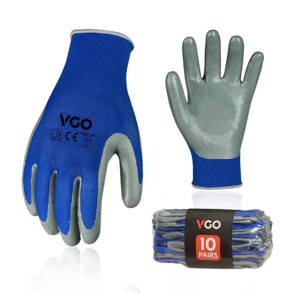 Vgo... 10-Pairs Safety Work Gloves, Gardening Gloves, Non-slip Nitrile coating, Dipping Gloves (Size L, Blue, NT2110)