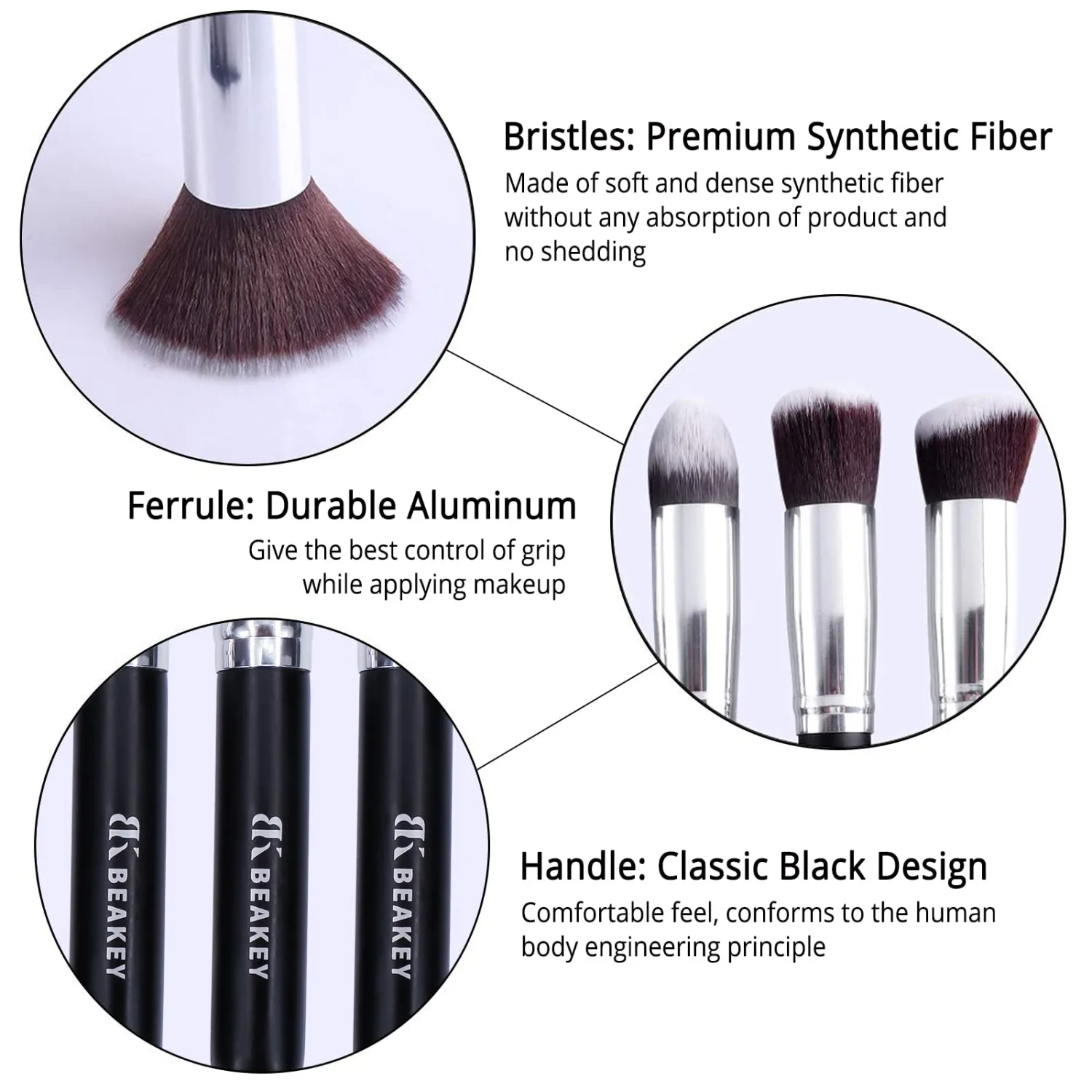 BEAKEY Makeup Brush Set Premium Synthetic Foundation Face Powder Blush Eyeshadow Kabuki Brush Kit, Makeup Brushes with Makeup Sponge and Brush Cleaner (10+2pcs, Black/Silver)