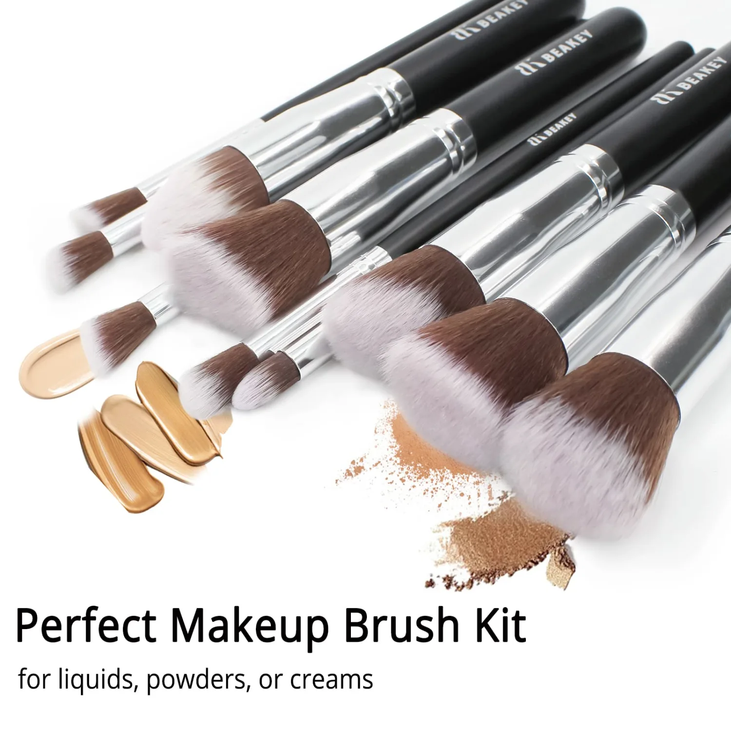 BEAKEY Makeup Brush Set Premium Synthetic Foundation Face Powder Blush Eyeshadow Kabuki Brush Kit, Makeup Brushes with Makeup Sponge and Brush Cleaner (10+2pcs, Black/Silver)