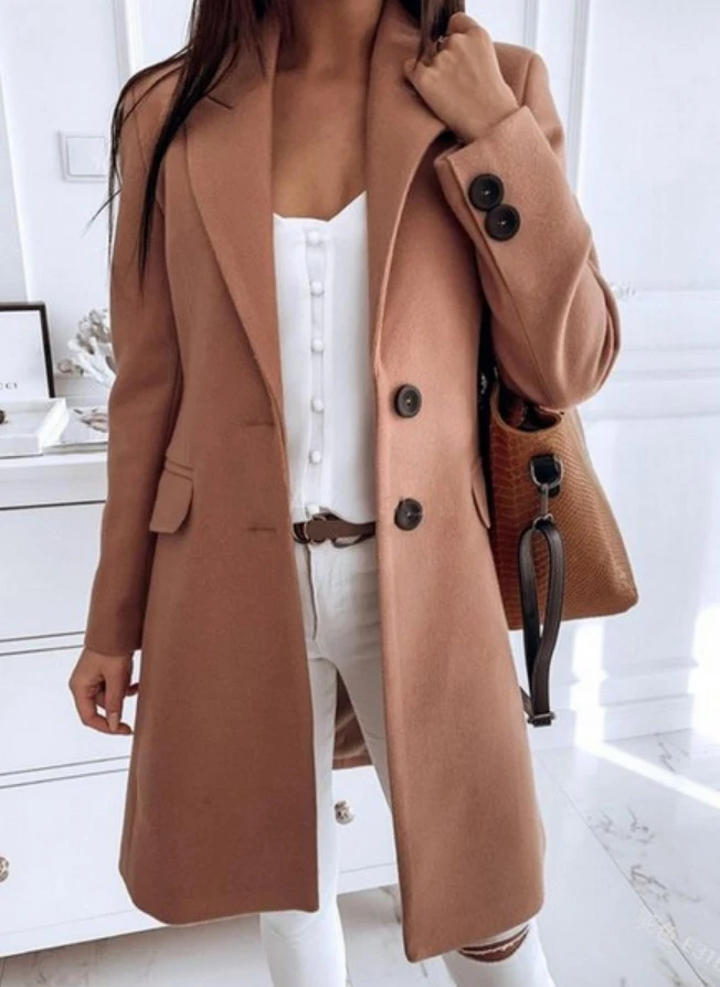 Solid Color Lapel Long Sleeve Straight Mid-length Style