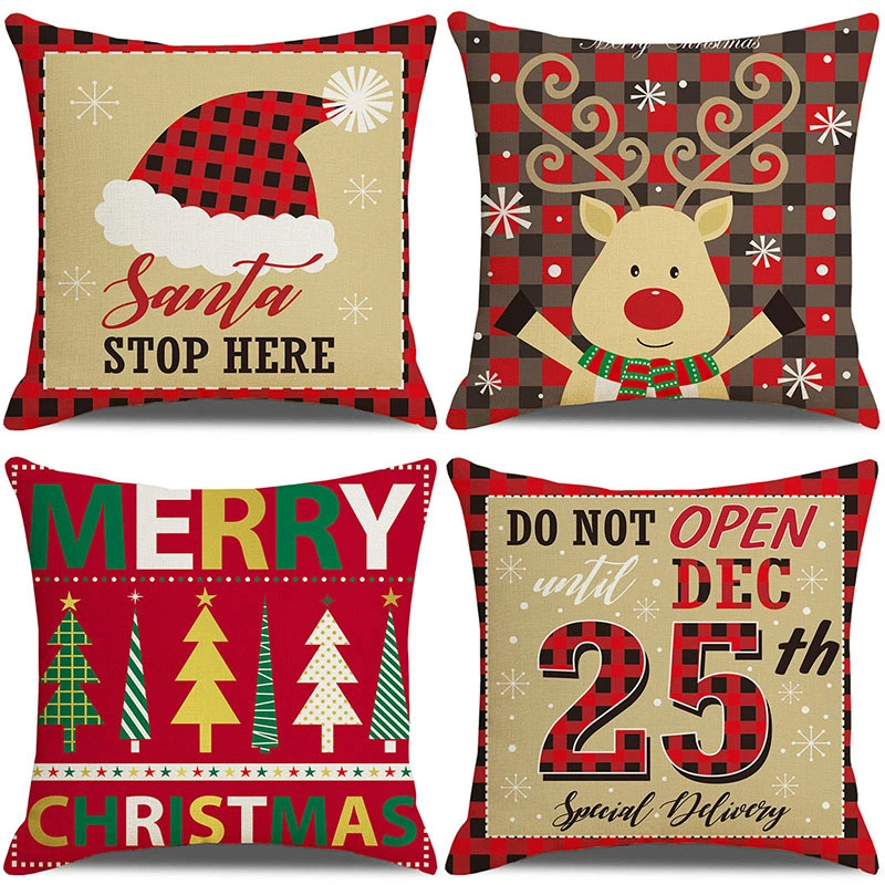 Household Cartoon Linen Christmas Plaid Pillowcase