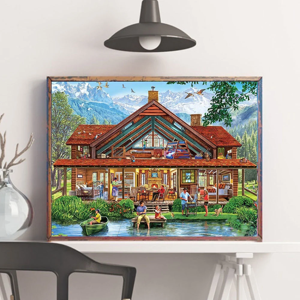 House Picture Rhinestone Landscape Embroidery Mosaic