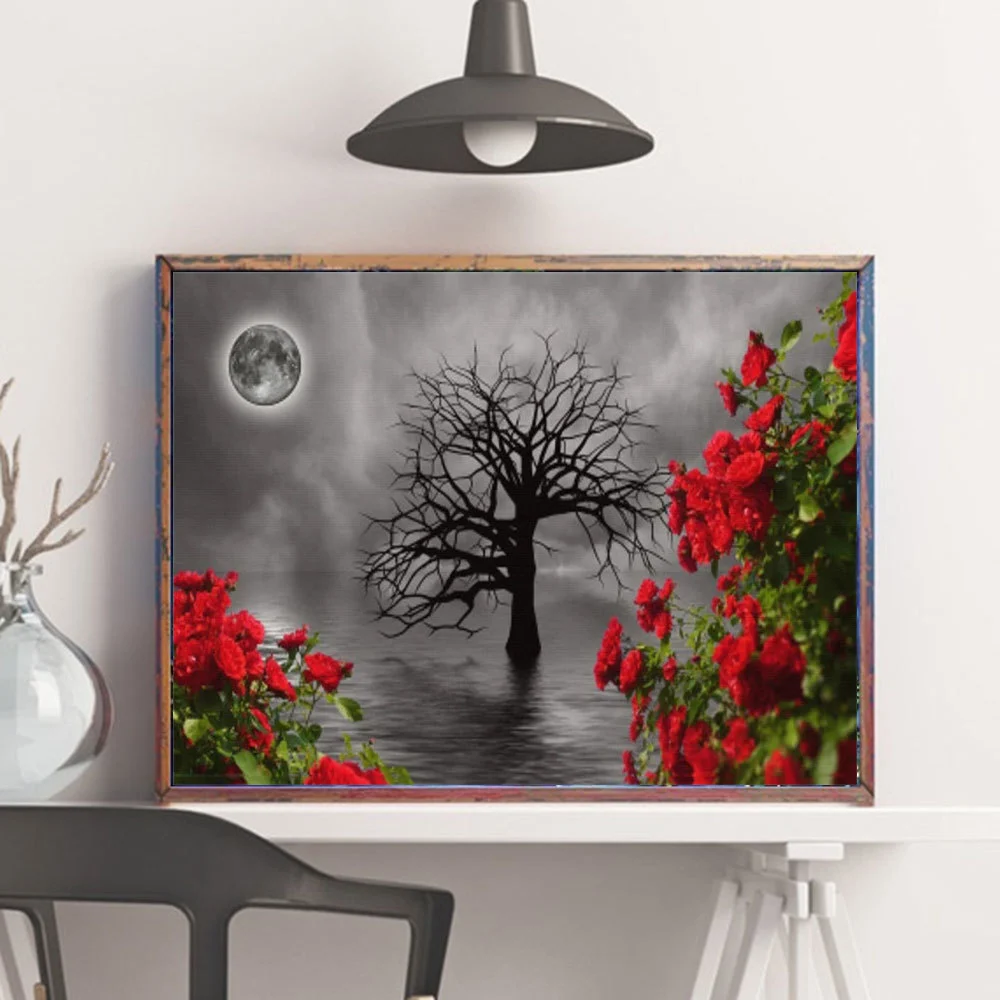 Rose Tree Theme Diamond Painting Full 5D Embroidery Landscape Moon Mosaic