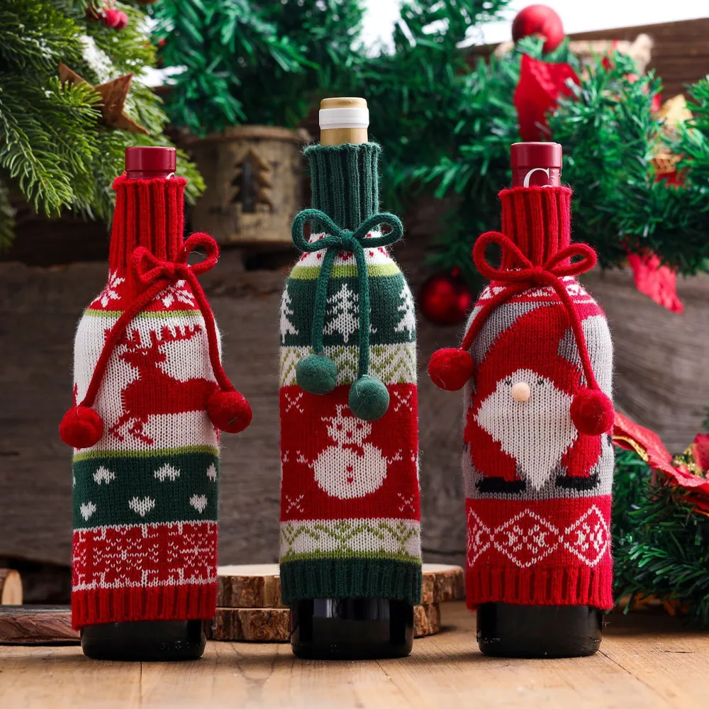 Furball Bowknot Elk Elderly Snowman Knitted Wine Set Decoration Gift Decoration