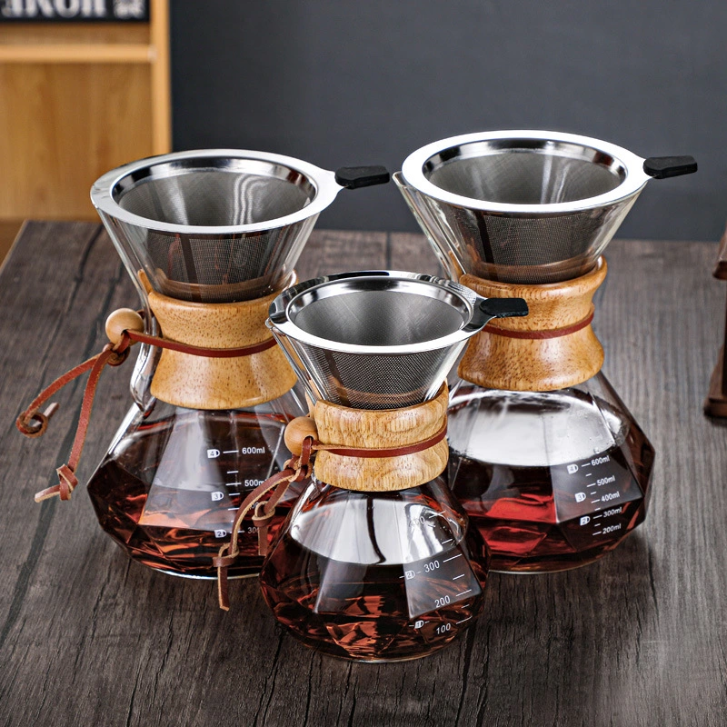 Hand-made Coffee Pot Diamond-shaped Glass Drip Pot Filter Cup With Wood Chip Scale