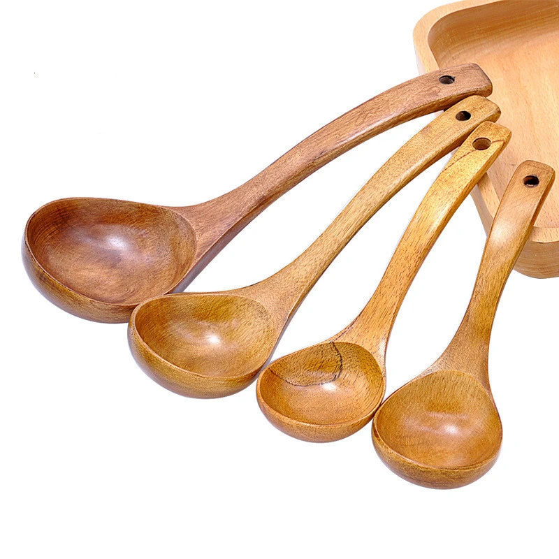 Large Medium And Small Lacquered Wood Spoon With Curved Handle