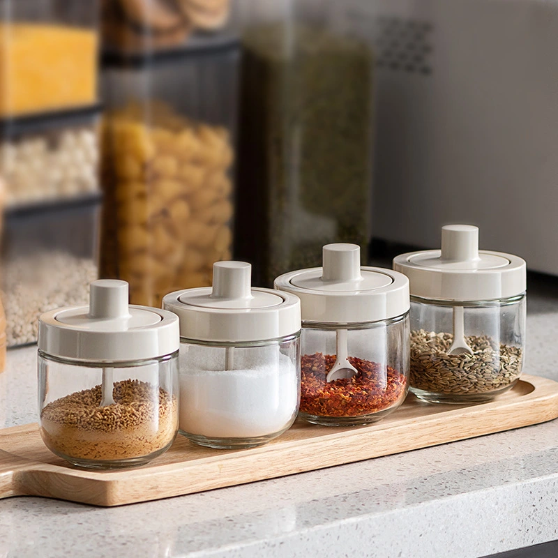 Household Kitchen Glass Spoon Cover Integrated Seasoning Jar