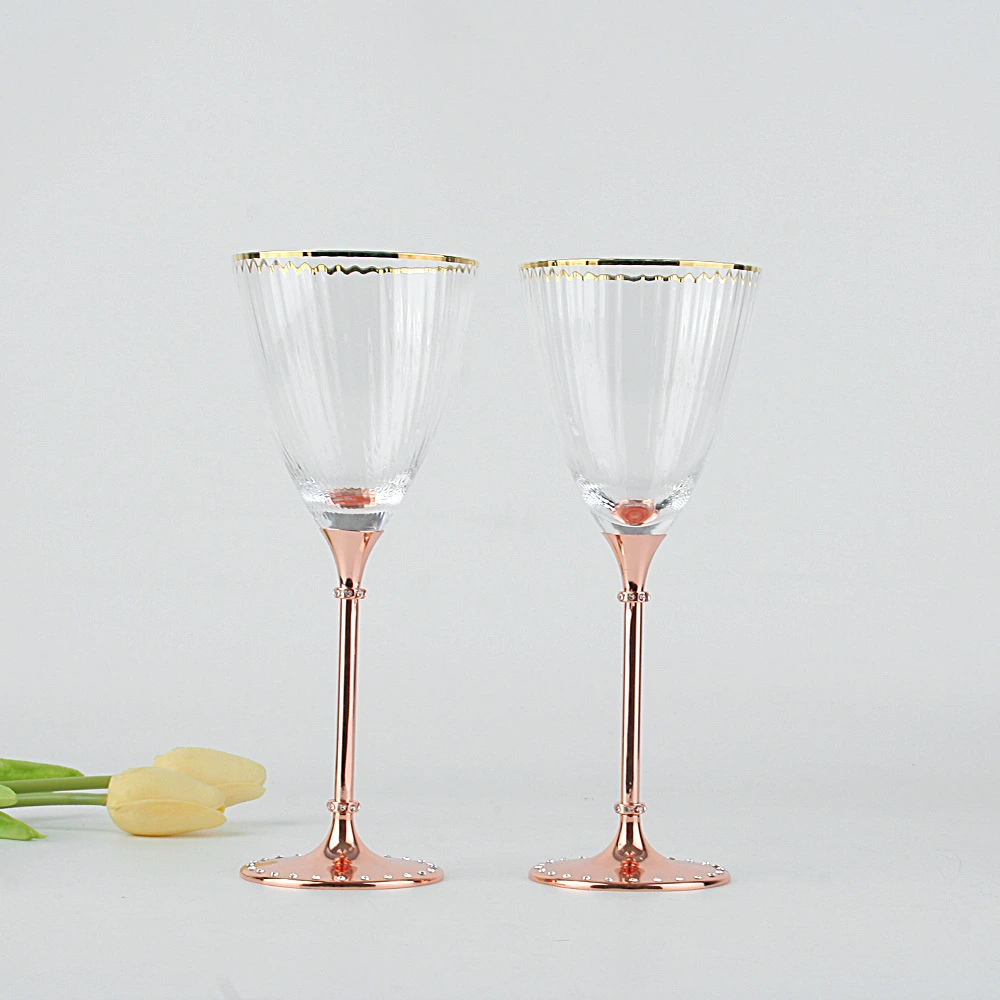 Fashionable Metal Base Rose Gold Rim Diamond Red Wine Glass