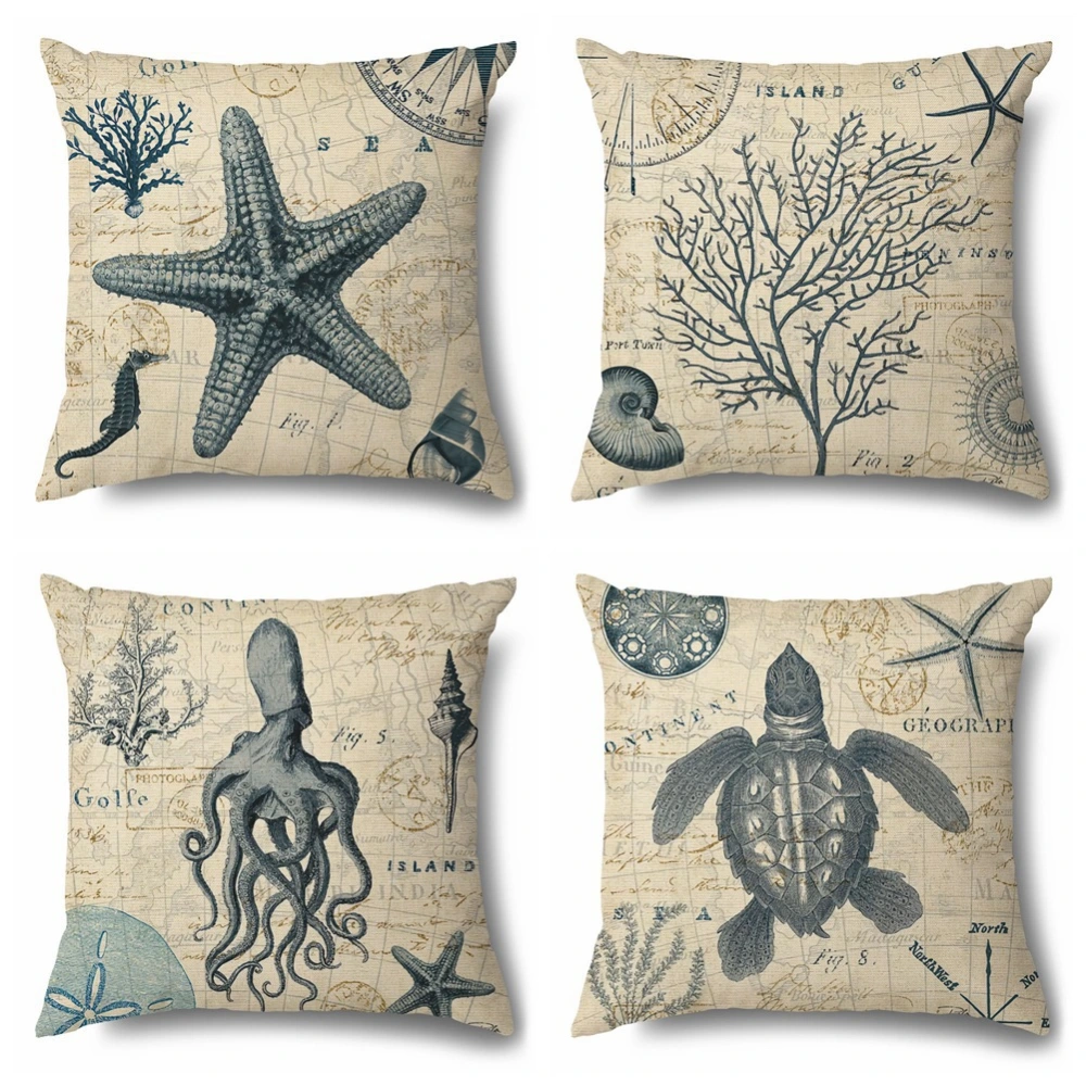 Pillowcase Linen Marine Retro Creature Sea Turtle Starfish